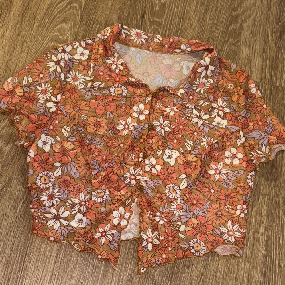Floral Sheer Crop Top - Orange and White